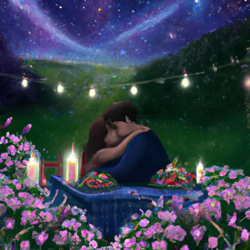 E image of a couple, under a starry night sky, sitting side by side on a cozy picnic blanket