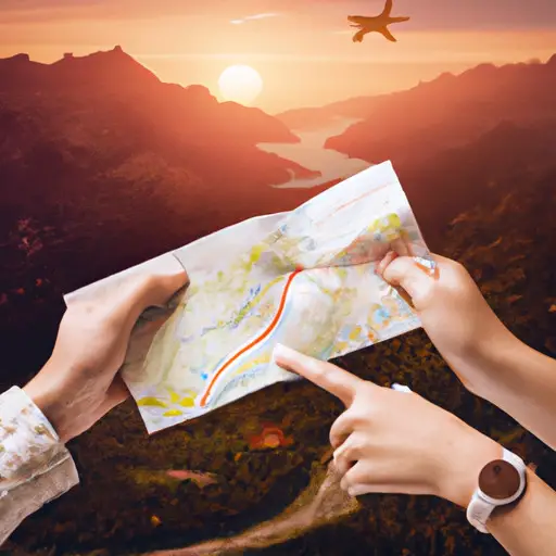 An image that showcases a couple's hands, one holding a map with marked destinations, and the other holding a plane ticket
