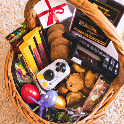 Nt image showcasing a beautifully arranged gift basket filled with his favorite treats, gadgets, and hobby-related items