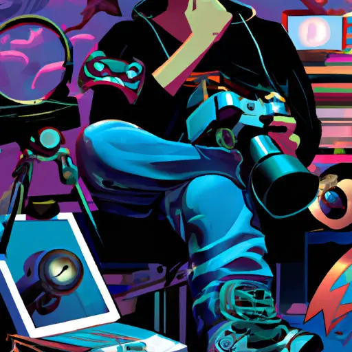 An image featuring a person surrounded by comic books, video game controllers, computer parts, and a telescope, reflecting their love for both technology and intellectual pursuits