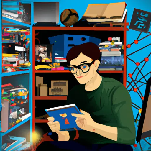 An image depicting a person wearing thick-rimmed glasses, engrossed in a comic book while simultaneously tinkering with a computer, surrounded by shelves filled with sci-fi novels, action figures, and a collection of board games