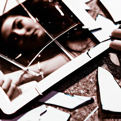 An image capturing the aftermath of an accidental affair, portraying the shattered trust and emotional turmoil through a broken photo frame lying on the floor, fragments scattered around, and a reflection of a devastated face in the cracked glass