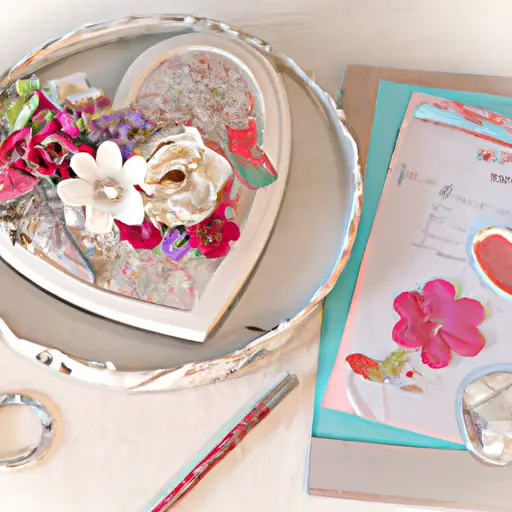 An image showcasing a beautifully arranged bouquet of handcrafted paper flowers, complemented by a personalized photo album filled with cherished memories, and a delicate, hand-painted ceramic jewelry dish adorned with a silver heart pendant