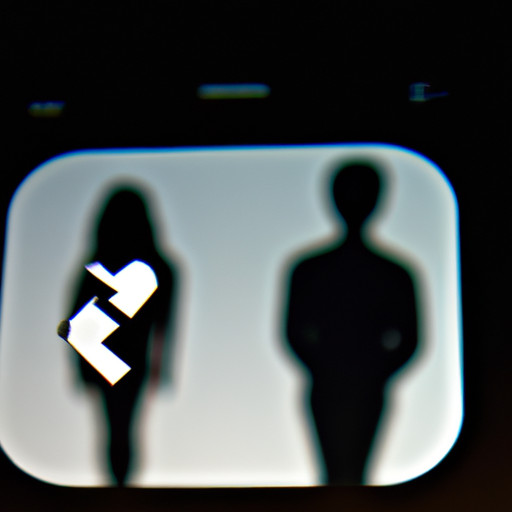 Capture an image of a smartphone screen displaying an app icon with a broken heart, showing a pixelated image of a couple, one silhouette fading away, symbolizing uncertainty and suspicion in a relationship