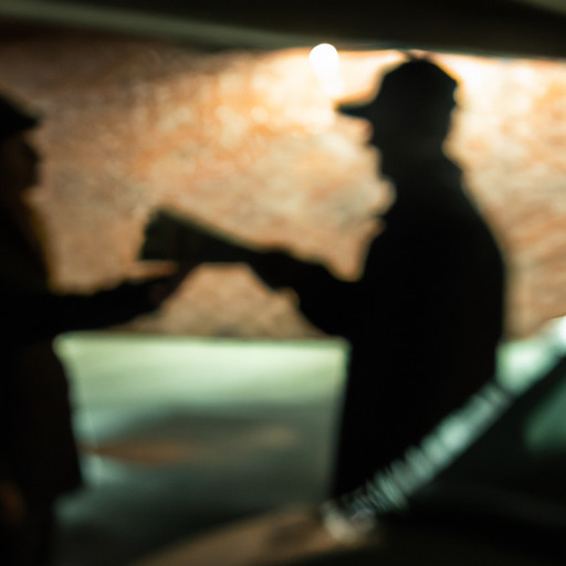 An image capturing the essence of police corruption, with a blurred silhouette of a police officer exchanging cash with a shady figure in a dimly lit alley, symbolizing the hidden world of deceit and betrayal