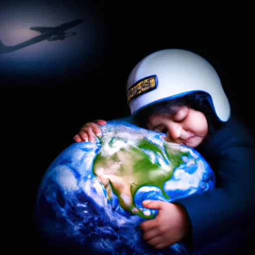 An image showcasing the heartwarming scene of a pilot's child hugging a globe, symbolizing their coping strategy of understanding the world through exploration and longing for their absent parent