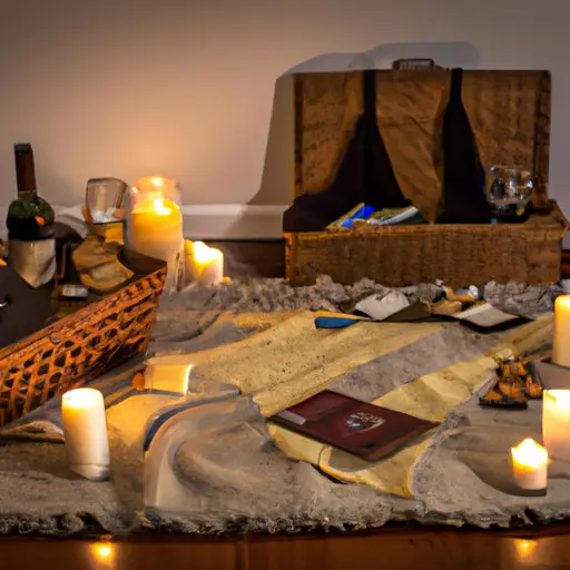 An image showcasing a cozy living room scene with flickering candles, soft blankets, a picnic basket filled with delicious treats, a bottle of wine, and a board game spread out on a coffee table