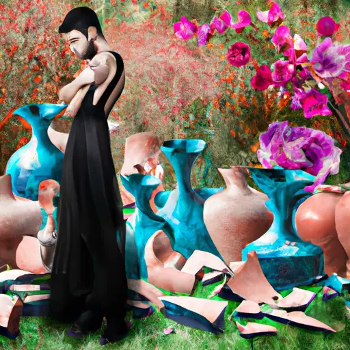 An image showcasing a frustrated man surrounded by shattered flower vases, as a stubborn Taurus woman stands tall, arms crossed, amidst the chaos of a broken garden, symbolizing the challenges of dating her