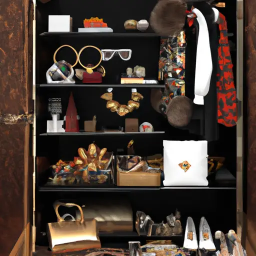 An image showcasing a luxurious walk-in closet, overflowing with designer clothing, accessories, and gold-plated trinkets