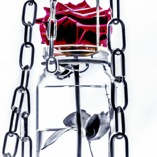 An image showcasing a vibrant red rose trapped in a glass jar, imprisoned by thick, suffocating chains