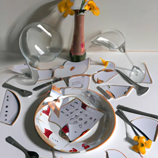 An image showcasing a cracked mirror, reflecting shattered flower vases, an overturned plate with spilled food, and a torn calendar marked with missed appointments, symbolizing the chaotic and unreliable nature of Taurus