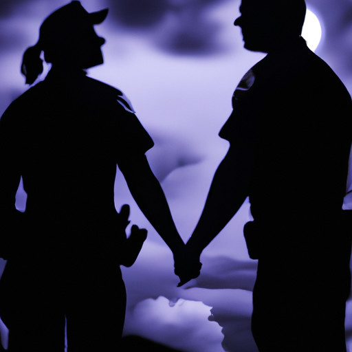An image capturing the tender embrace of a police officer and his girlfriend, standing beneath a moonlit sky