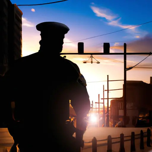 An image showcasing a police officer's silhouette patrolling a bustling city street at sunset, highlighting their opportunity to connect with diverse citizens, offer assistance, and ensure safety, while capturing the challenges they face