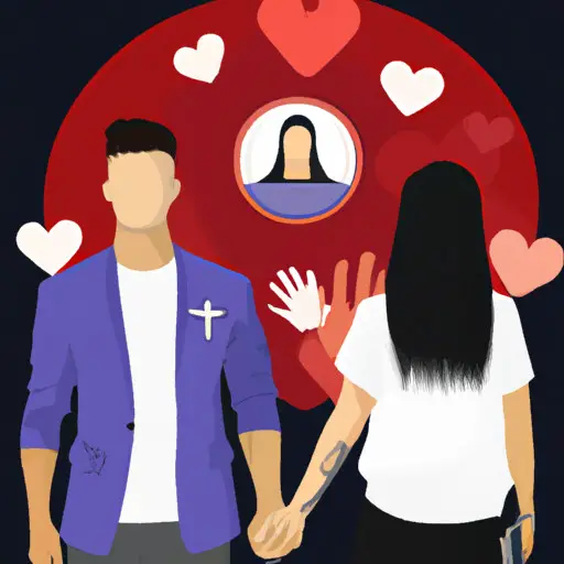 An image showcasing a young couple holding hands, surrounded by a heart-shaped icon filled with various Christian symbols