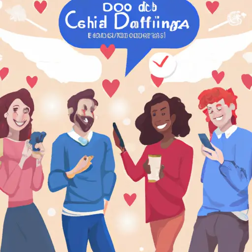 An image showcasing a diverse group of young adults smiling and engaging in meaningful conversations on their smartphones, while a virtual Cupid stands beside them, offering heart-shaped arrows of advice and success tips for Christian dating apps