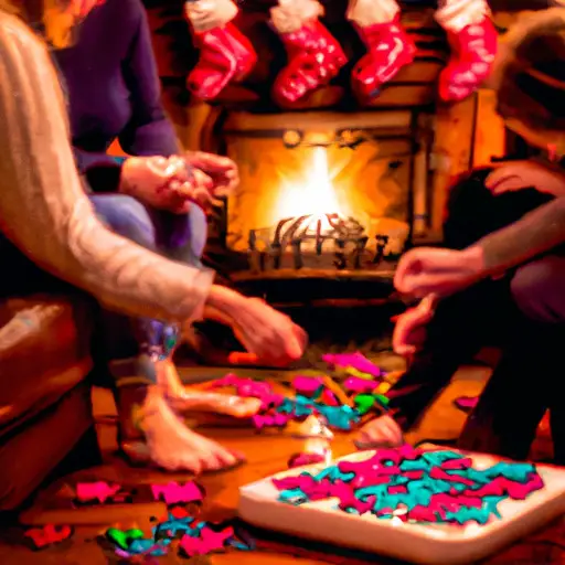 An image showcasing a cozy living room adorned with a crackling fireplace, twinkling Christmas lights, and a family gathered around a puzzle, laughing and enjoying each other's company