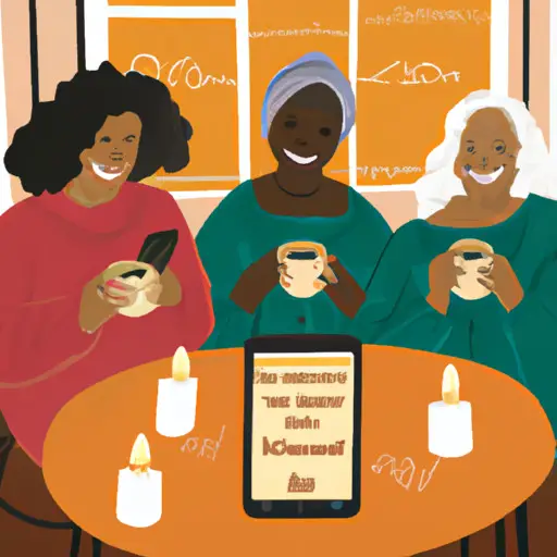 An image showcasing a warm, comforting ambiance with a diverse group of widows laughing together over coffee, while their smartphones rest nearby, symbolizing connection and the potential for finding companionship through the best dating app for widows