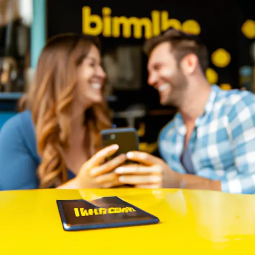 Nt image capturing the essence of Bumble's dating app for 21-year-olds: a young couple laughing together at a trendy outdoor cafe, their smartphones visible on the table, displaying the Bumble logo