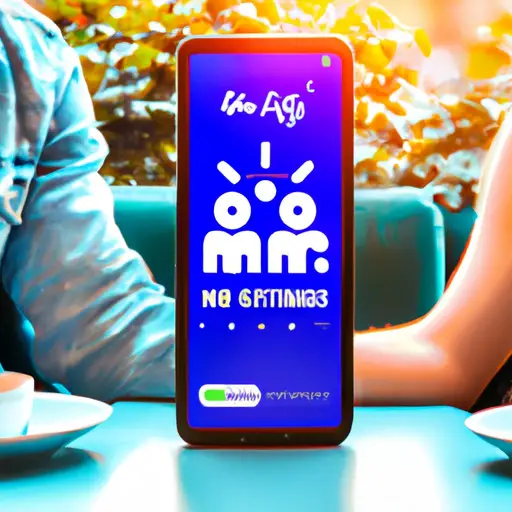 An image showcasing a vibrant smartphone screen displaying the Hinge dating app, with its distinct logo, a young couple laughing together in an outdoor cafe, and a thoughtfully designed interface highlighting its unique features for 21-year-olds