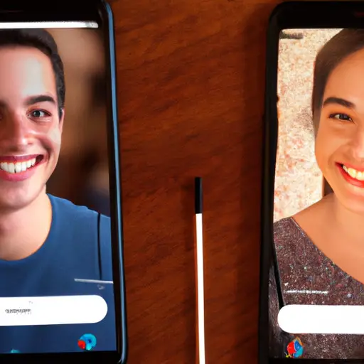 An image showcasing a smartphone screen split into two halves, each showing a 22-year-old individual smiling while using Tinder