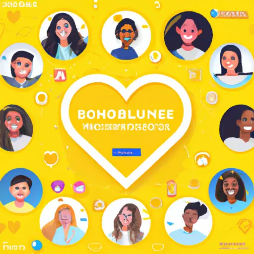 An image showcasing a vibrant and diverse group of 22-year-olds smiling and connecting through Bumble's iconic yellow interface, featuring an animated heart symbolizing the app's effectiveness in bringing love and joy to young adults' lives