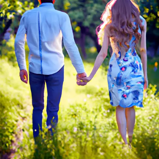 An image of a joyful couple strolling hand in hand through a picturesque garden, surrounded by blooming flowers and basking in the warm glow of sunlight, embodying the harmonious connection found on CatholicChemistry