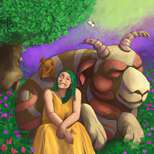 An image featuring a serene garden with a Taurus woman and her best friends, both human and animal, basking in the warm sunlight