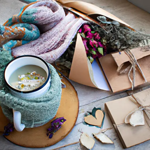 An image showcasing a rustic wooden table adorned with an assortment of heartfelt handmade gifts for a girlfriend: a delicate hand-knitted scarf, a personalized photo album, a bouquet of dried flowers, and a handcrafted ceramic mug