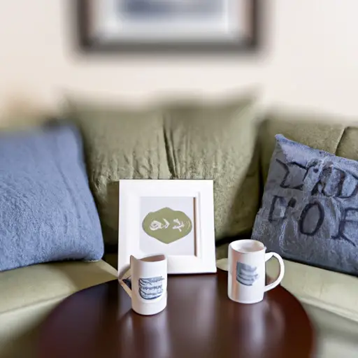 An image showcasing a cozy living room scene, adorned with personalized couple mugs on a coffee table, a customized photo frame on the wall, and matching monogrammed throw pillows on the couch
