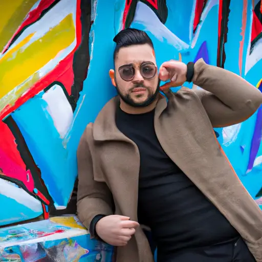 An image showcasing a stylishly dressed man confidently posing in front of a vibrant graffiti wall, exuding charisma