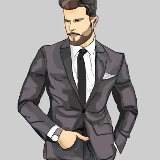 An image showcasing a well-groomed, sharply dressed man in a tailored suit, standing tall with one hand in his pocket and the other confidently holding his chin, exuding charisma and self-assuredness