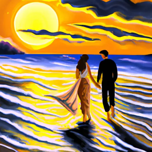 An image showcasing a serene beach at sunset, with a Taurus woman peacefully strolling hand-in-hand with a Cancer man, both radiating contentment