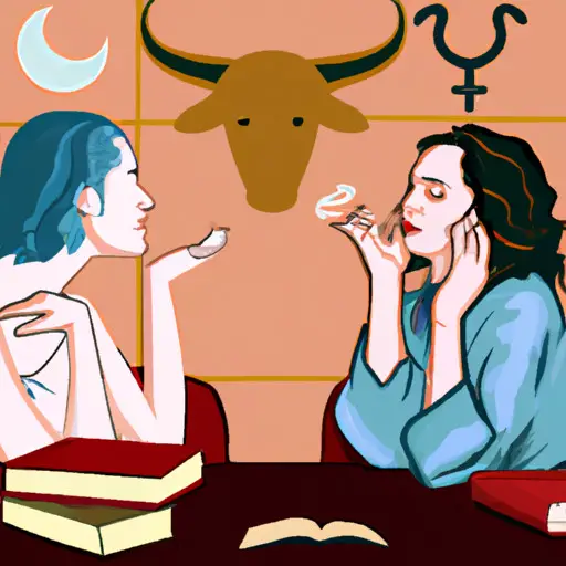 An image of a serene Taurus woman engrossed in a deep conversation with an Air sign, their animated gestures mirroring their intellectual connection