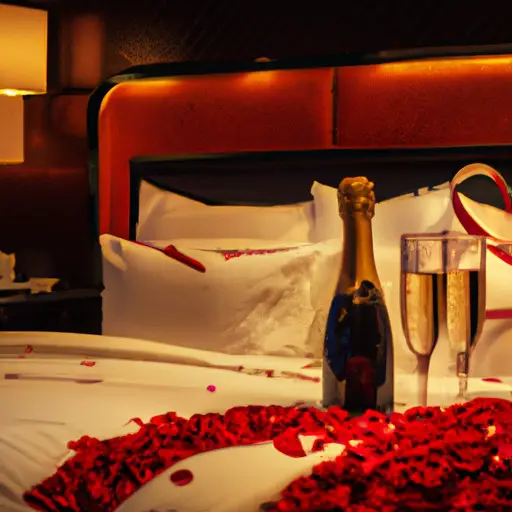An image showcasing a luxurious, dimly lit hotel room with rose petals scattered on a king-size bed, an open bottle of champagne, and two glasses, enticing readers to explore the best website for extra marital affairs and elevate their experience