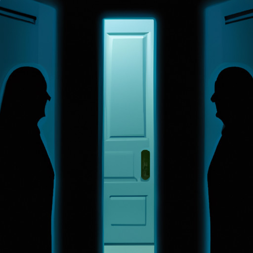 An image featuring a closed door with a discreet peephole, subtly revealing two silhouettes engaged in conversation