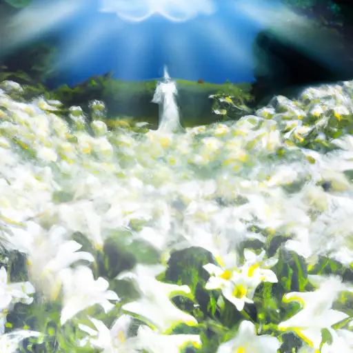 An image depicting a serene garden with a bed of white lilies, symbolizing purity and resurrection, where an ethereal figure ascends towards a radiant light, conveying the biblical perspective on death and the afterlife in dreams