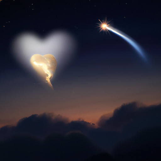 An image depicting a serene night sky with a shooting star streaking across, illuminating a broken heart-shaped cloud