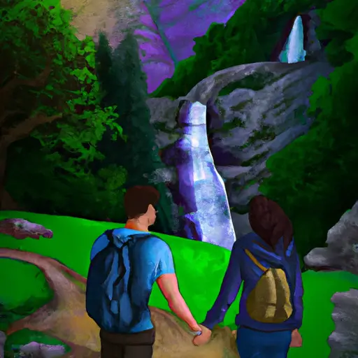 An image showcasing a couple hiking a scenic trail, hand in hand, surrounded by towering mountains, lush greenery, and a cascading waterfall in the background, highlighting the allure of outdoor adventure on a birthday date night for him