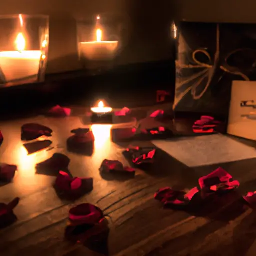 An image of a dimly lit room with a trail of rose petals leading to a table set for two