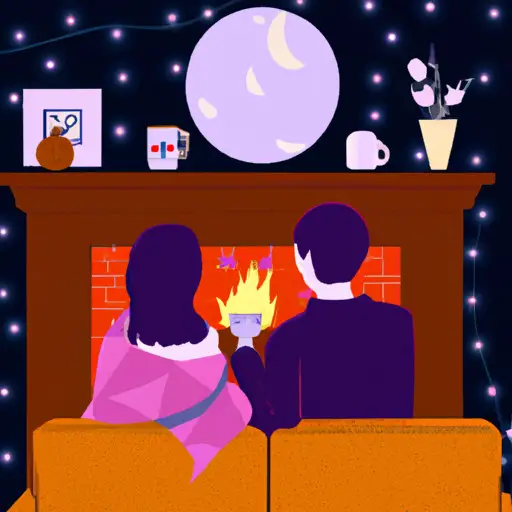 An image of a dimly lit living room adorned with soft fairy lights, plush blankets, and a crackling fireplace