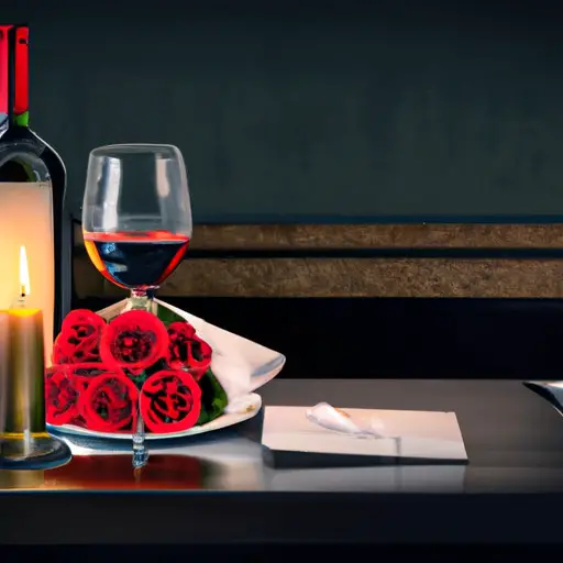 An image capturing a cozy candlelit dinner with a tastefully decorated table, adorned with a bottle of red wine, a bouquet of roses, and two place settings, evoking a romantic ambiance for a memorable birthday date night for him