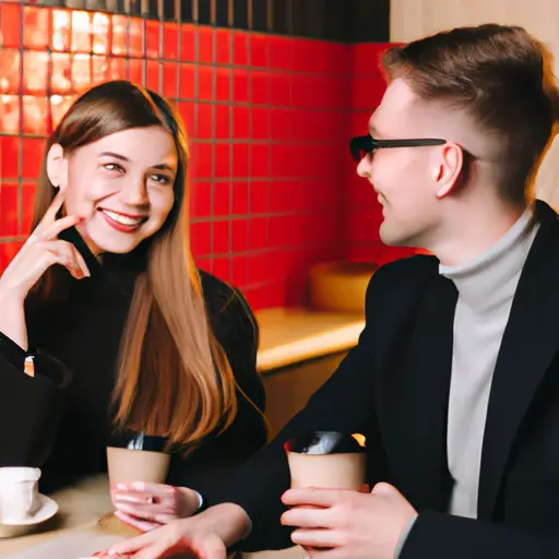 An image depicting two individuals engaged in a lively conversation over coffee at a cozy cafe