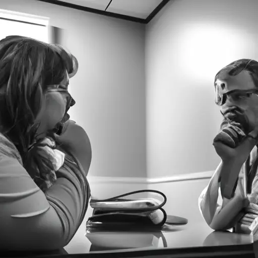 An image showcasing a doctor and a patient sitting in a dimly lit consultation room, their faces reflecting concern and hesitation, evoking the complex ethical considerations surrounding dating your doctor