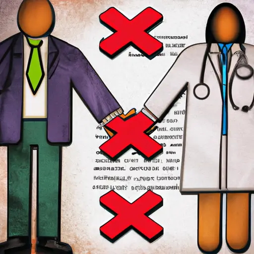 An image depicting a doctor and patient holding hands, surrounded by crossed-out symbols representing legal and regulatory guidelines, emphasizing the ethical complexities of dating a doctor