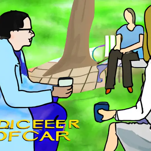 An image featuring a doctor and a patient sitting in a park, engrossed in a friendly conversation while holding cups of coffee