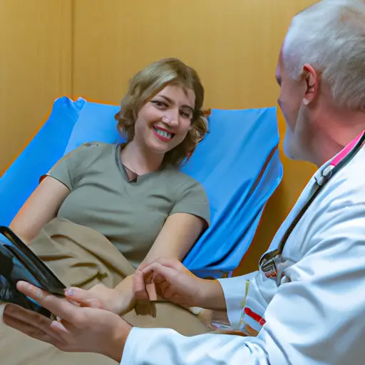 An image showcasing a doctor and a patient sitting across from each other in a cozy, well-lit consultation room, exchanging warm smiles and engaged in a friendly conversation, hinting at the possibility of romance