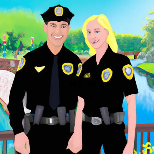 An image featuring two smiling police officers, holding hands while on a romantic date in a picturesque park setting