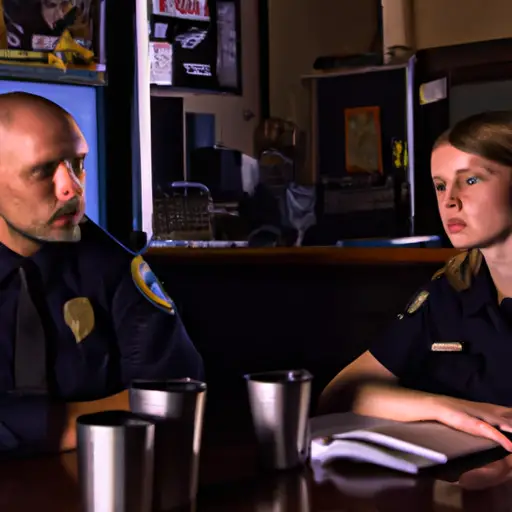 An image depicting two police officers sitting at a table in a dimly lit restaurant, subtly showing tension and unease through their body language, emphasizing the potential conflicts of interest and abuse of power within police officer relationships