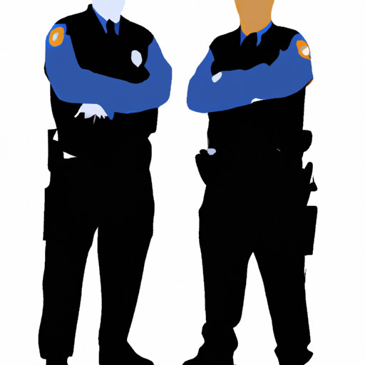 An image depicting two police officers standing side by side, wearing their uniforms, with a subtle visual representation of policies and regulations surrounding officer relationships