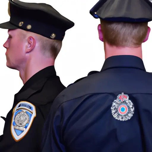An image featuring two police officers, dressed in uniform, standing side by side with their backs facing each other